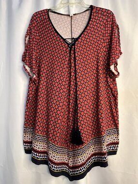 Westport Size 3X Women's Multicolor Geometric Print Blouse with Tassel Tie V-Nec